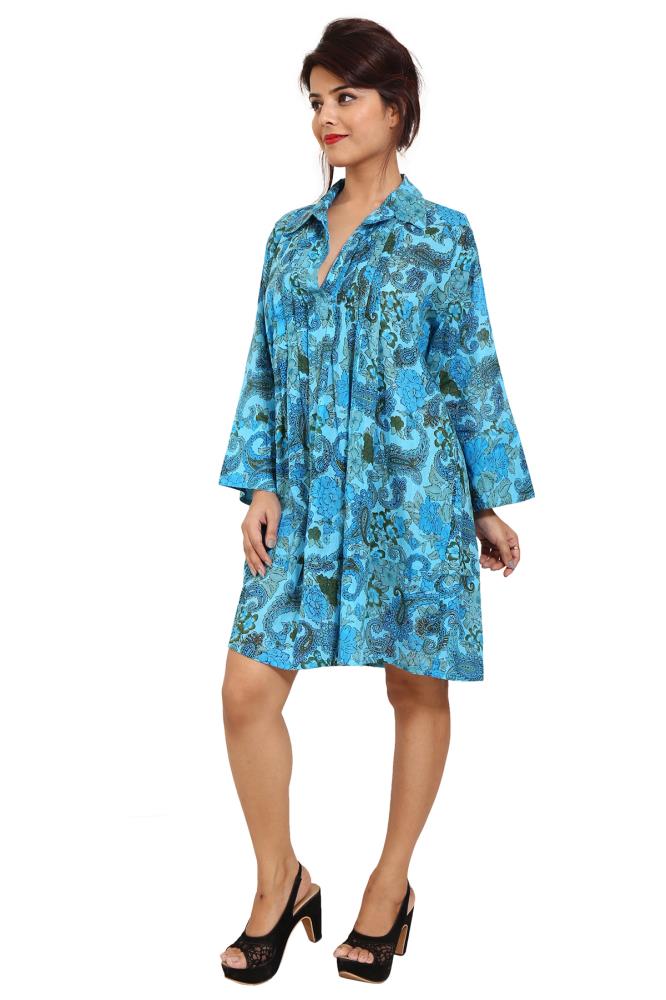 Cotton Printed Fullsleeve Casual Turquoise Dress | LilashahExports.com