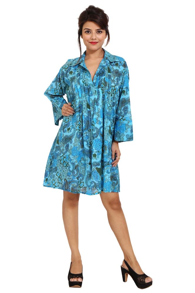 Cotton Printed Fullsleeve Casual Turquoise Dress | LilashahExports.com